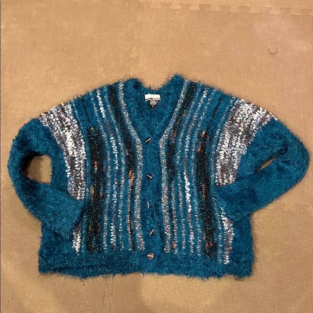 Teal and Black Women's Furry Sweater